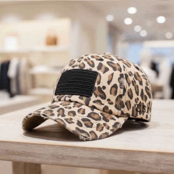 2/$30 Ladies Leopard Distressed American Flag Hat - Animal Print Baseball Cap - Picture 2 of 10